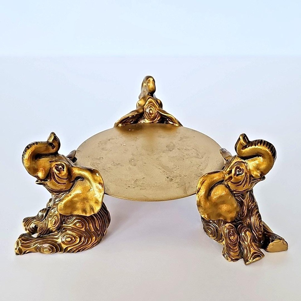 Vtg Brass Elephant Crystal Ball Stand Sphere Candle Holder Lucky Trunk Up Boho